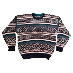 Vintage Impact Mens 80s Retro Tribal Aztec‎ Knit Leather Applique Sweater XL